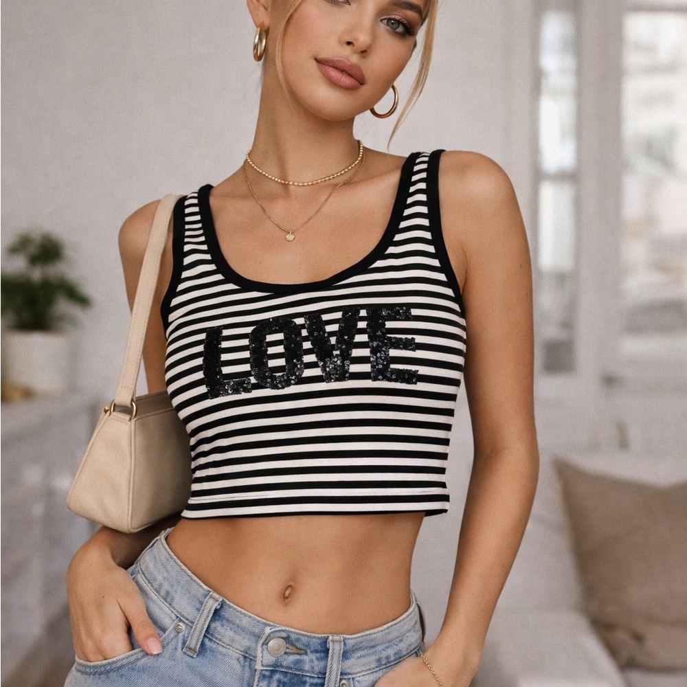 Express Black & White Striped Sequin 'LOVE' Cropped Tank